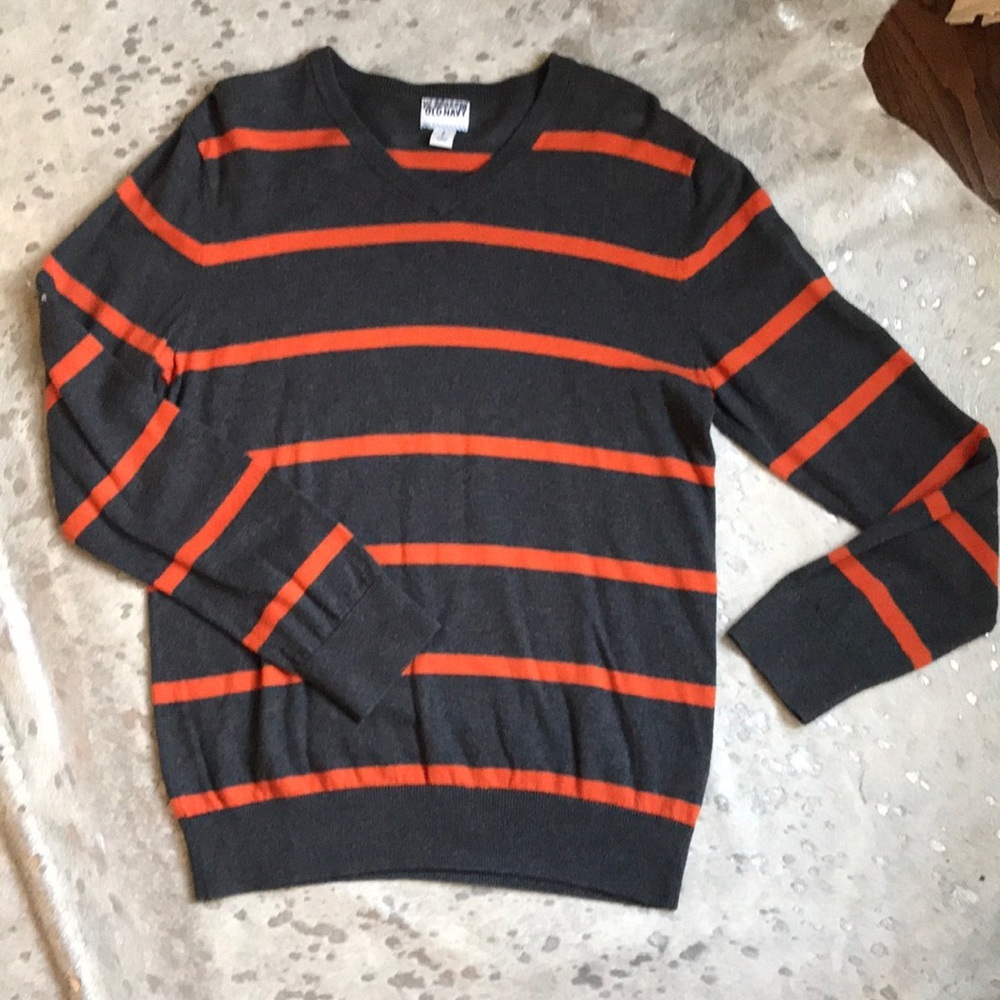 Old Navy striped gray and orange v-neck sweater